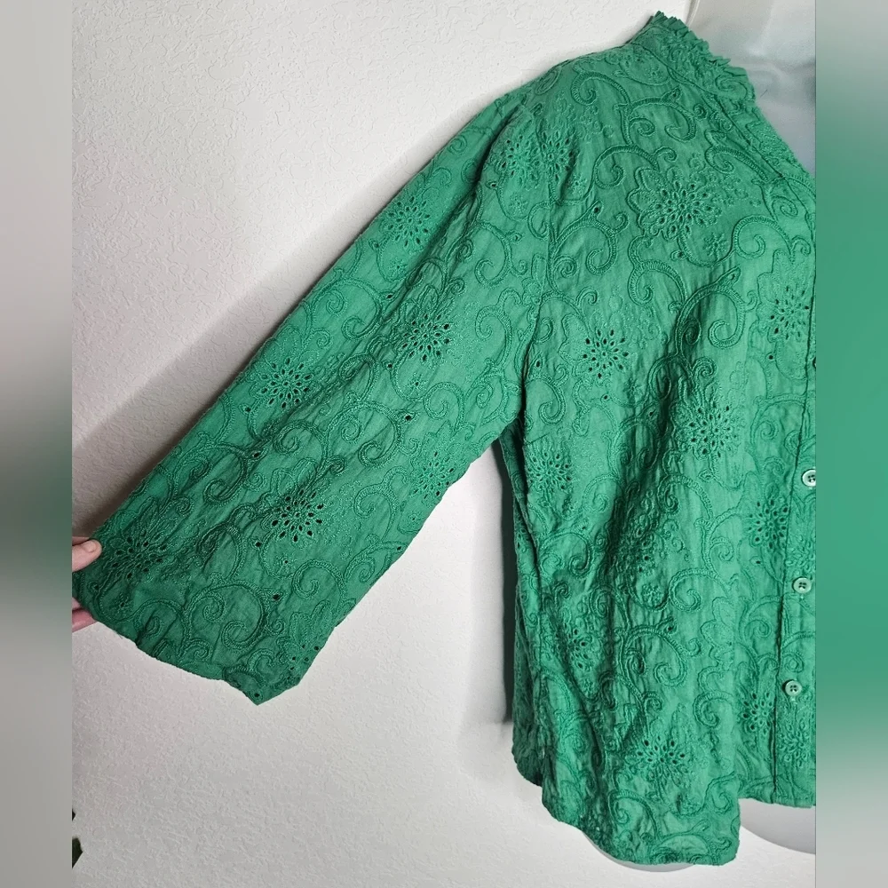 Soft Surroundings 100% Cotton Boho Embroidered Green Eyelet Puff Sleeve Blouse